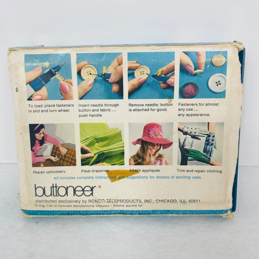 Ronco Buttoneer Button Attacher Tool Blue Vintage As Seen On TV Fair Condition